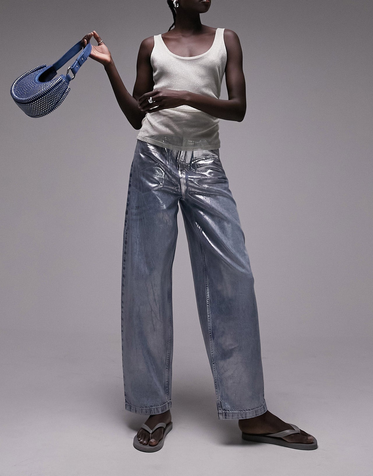 Topshop sheer shimmer ruched side vest top in silver