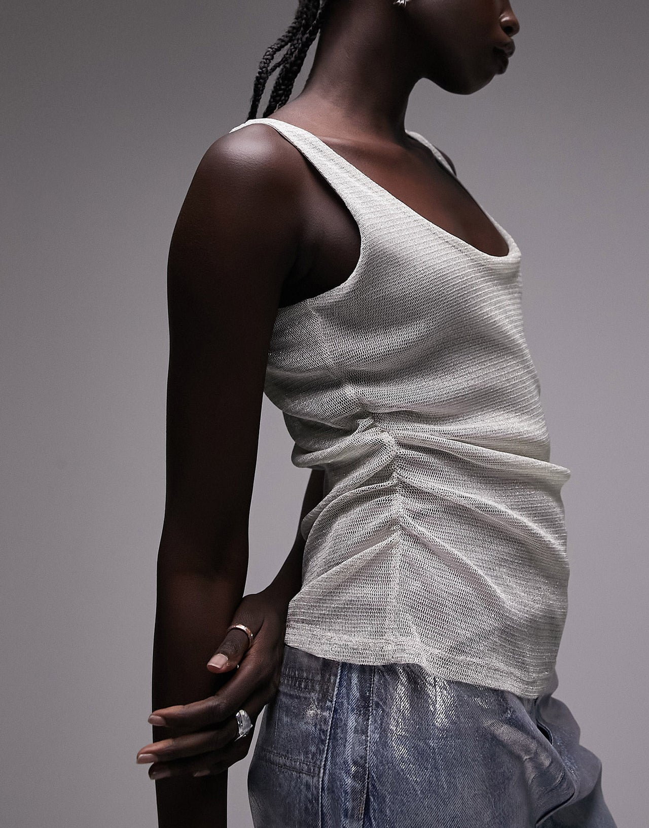 Topshop sheer shimmer ruched side vest top in silver