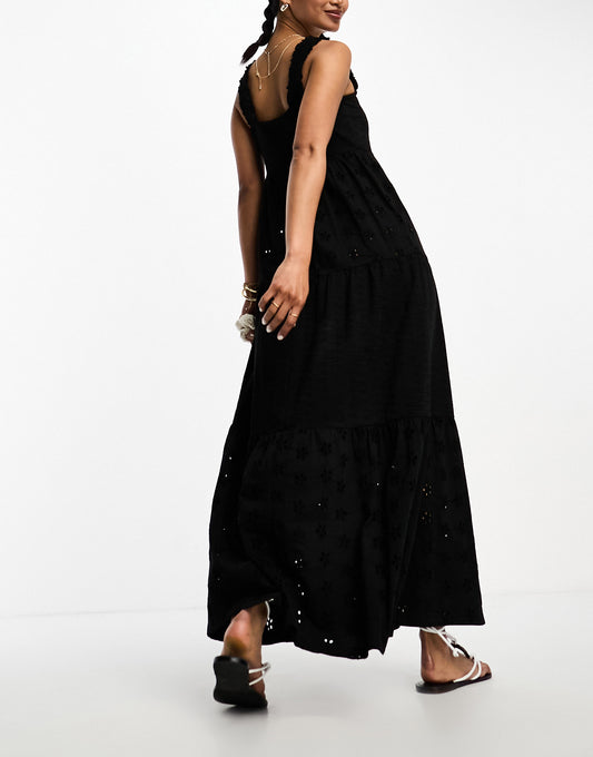 ASOS DESIGN square neck broderie tiered maxi dress in black