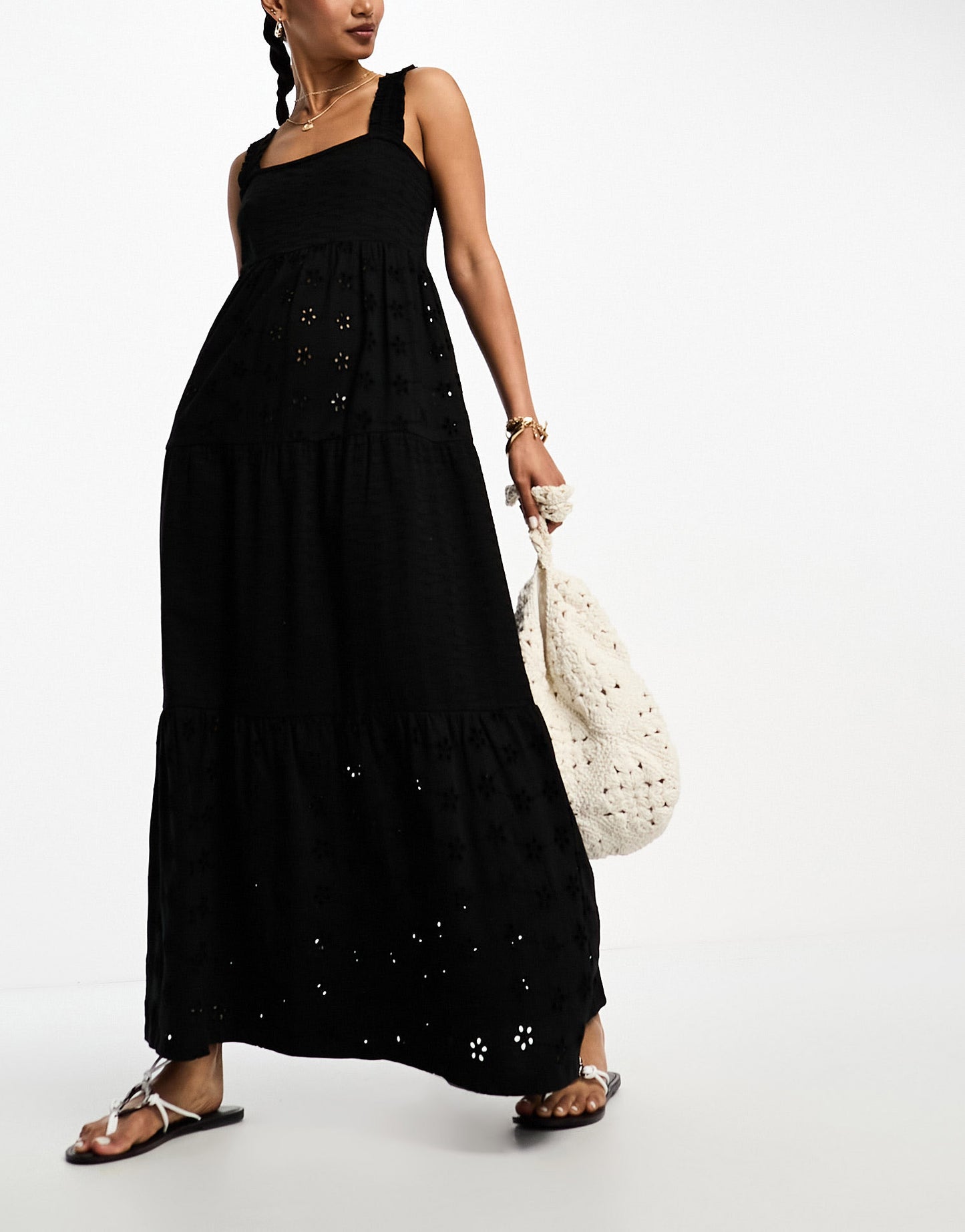ASOS DESIGN square neck broderie tiered maxi dress in black