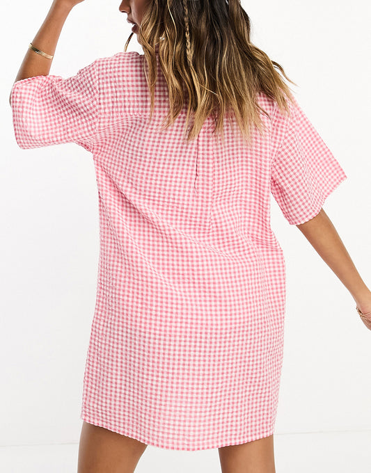 ASOS DESIGN co-ord bowling shirt mini dress in pink gingham seersucker