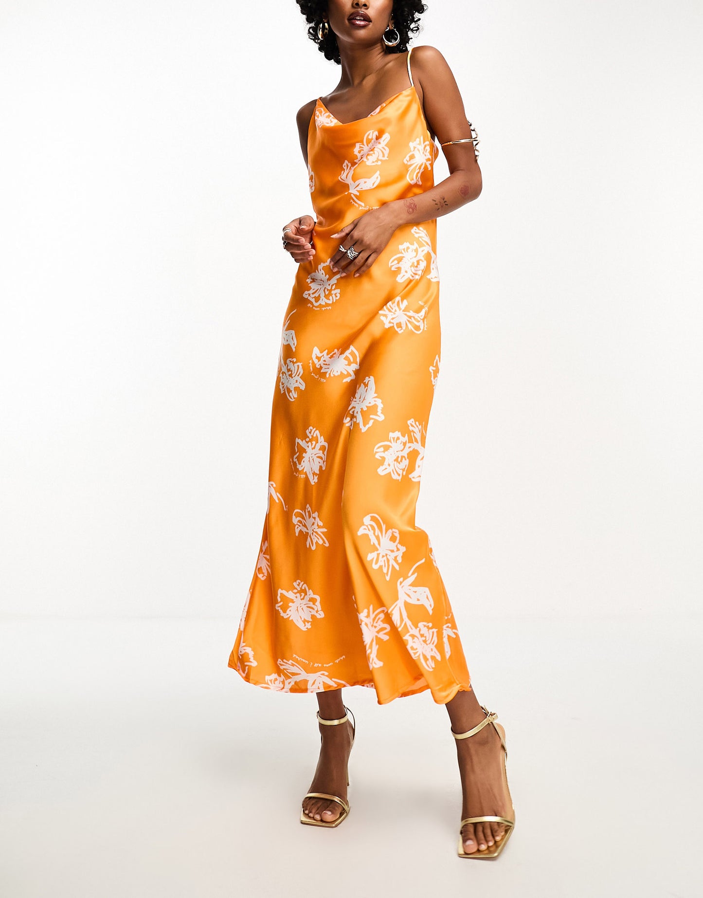 Object satin asymmetric strap cami maxi dress in orange print
