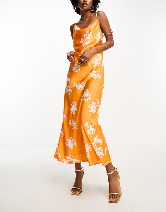 Object satin asymmetric strap cami maxi dress in orange print