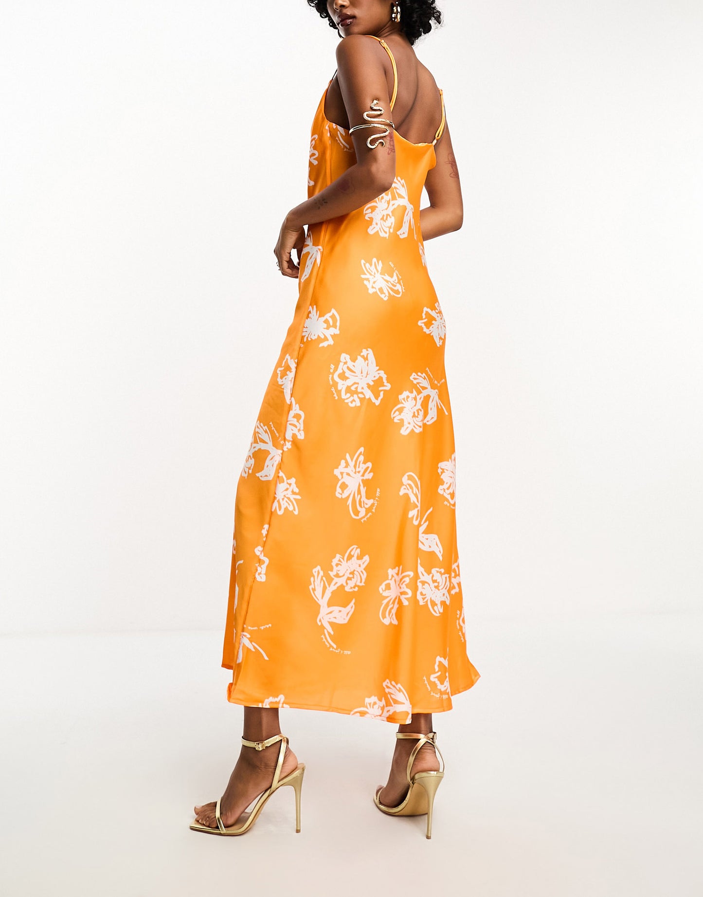 Object satin asymmetric strap cami maxi dress in orange print