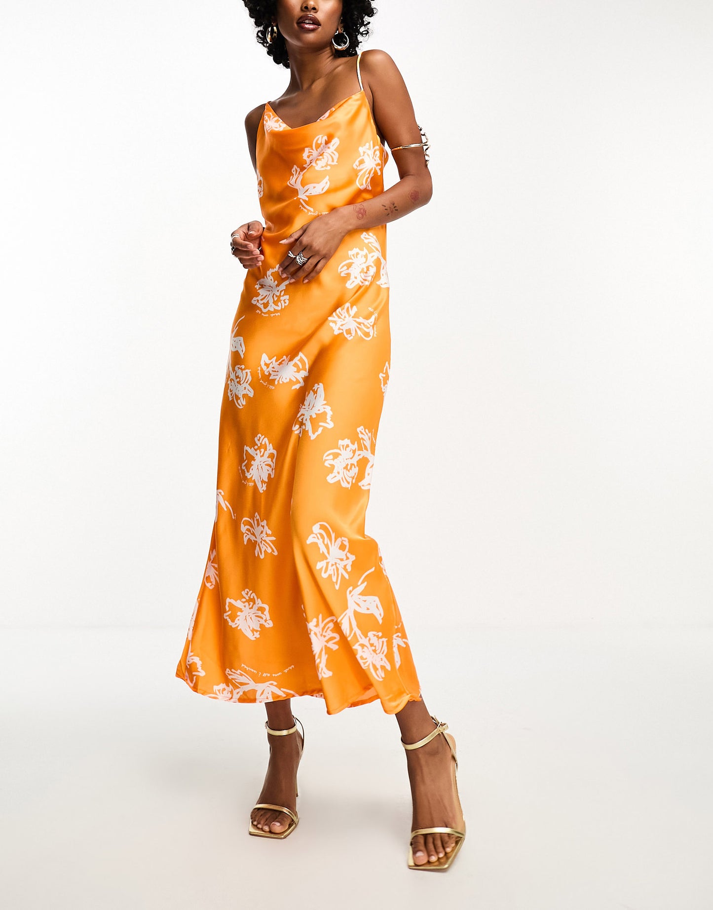 Object satin asymmetric strap cami maxi dress in orange print