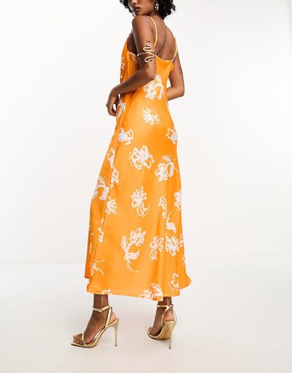 Object satin asymmetric strap cami maxi dress in orange print