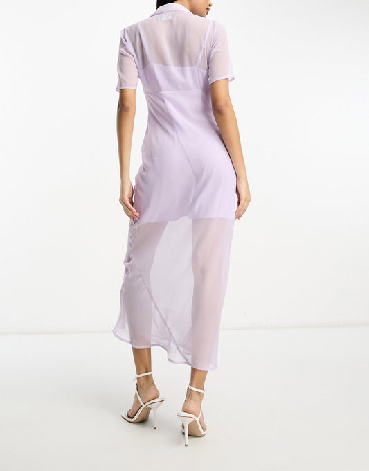 ASOS DESIGN chiffon short sleeve collar midi dress in pale lilac