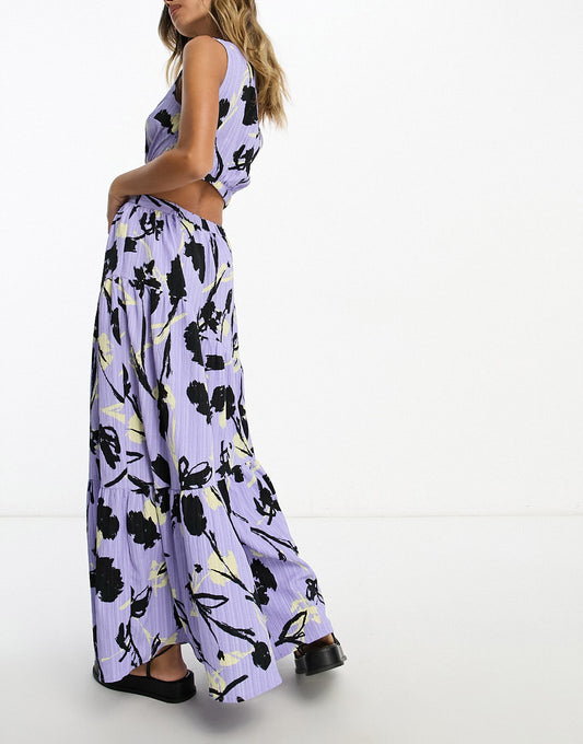 ASOS DESIGN textured crinkle one shoulder maxi dress with cut out detail in purple floral