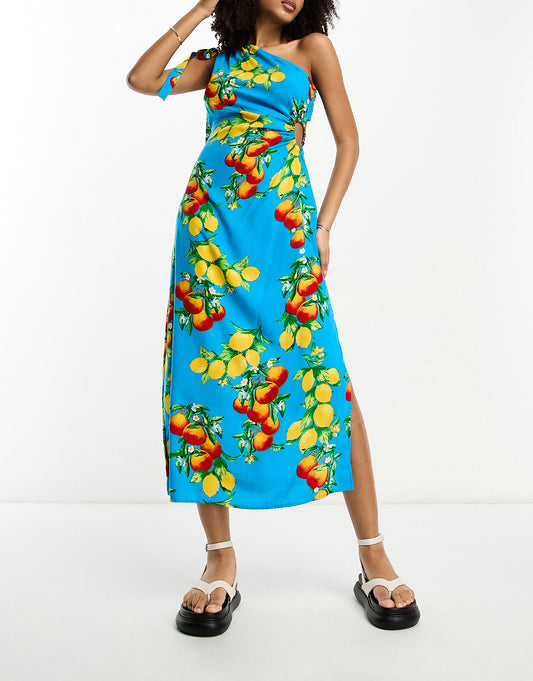 ASOS DESIGN one shoulder cut out midi dress in blue fruit print