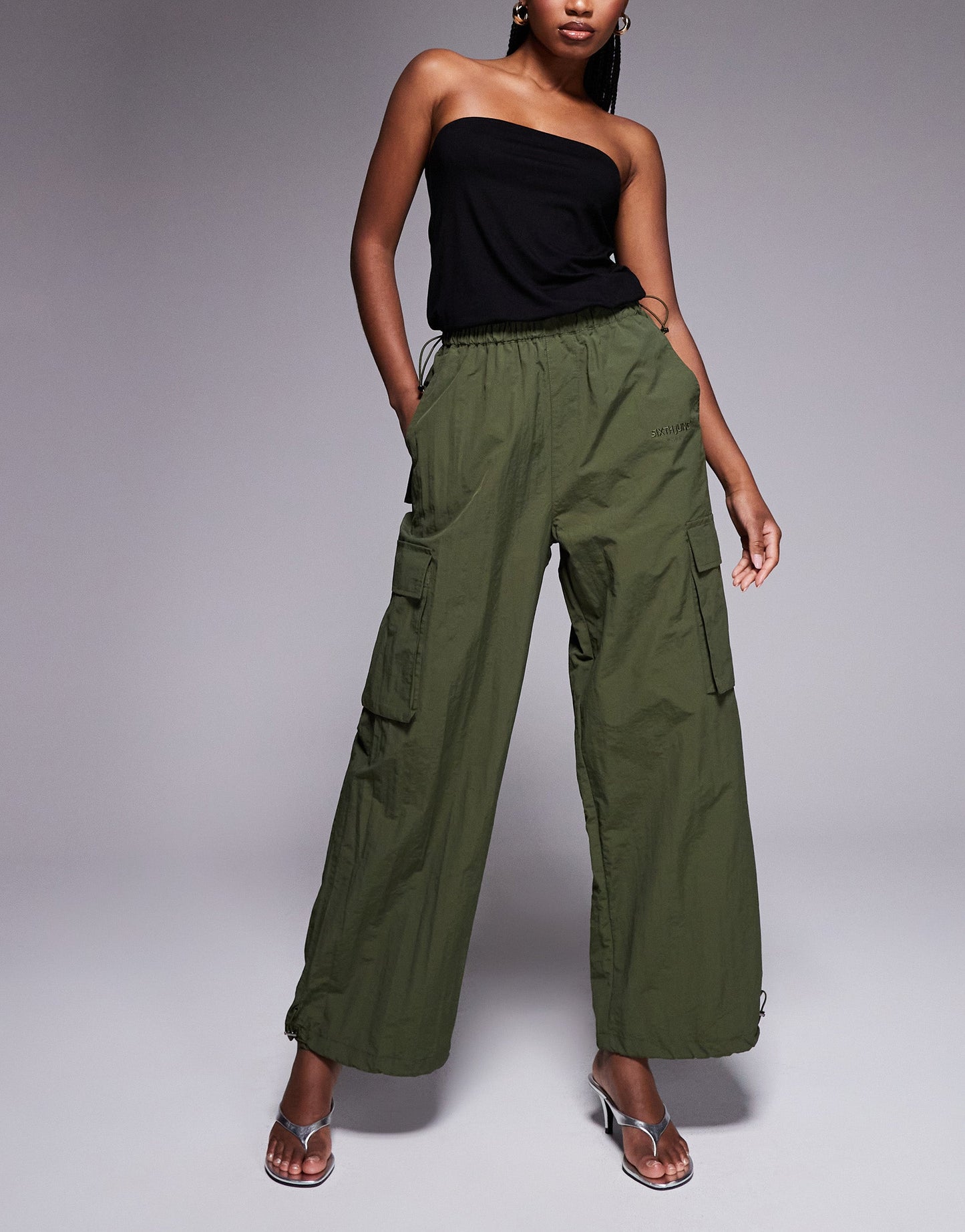 Sixth June parachute trousers with tonal embroidery in khaki