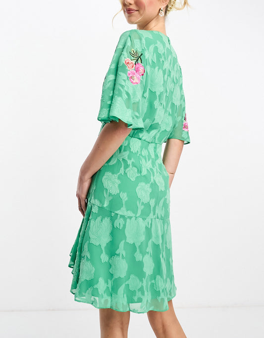 Hope & Ivy flutter sleeve embroidered sequin mini dress in green