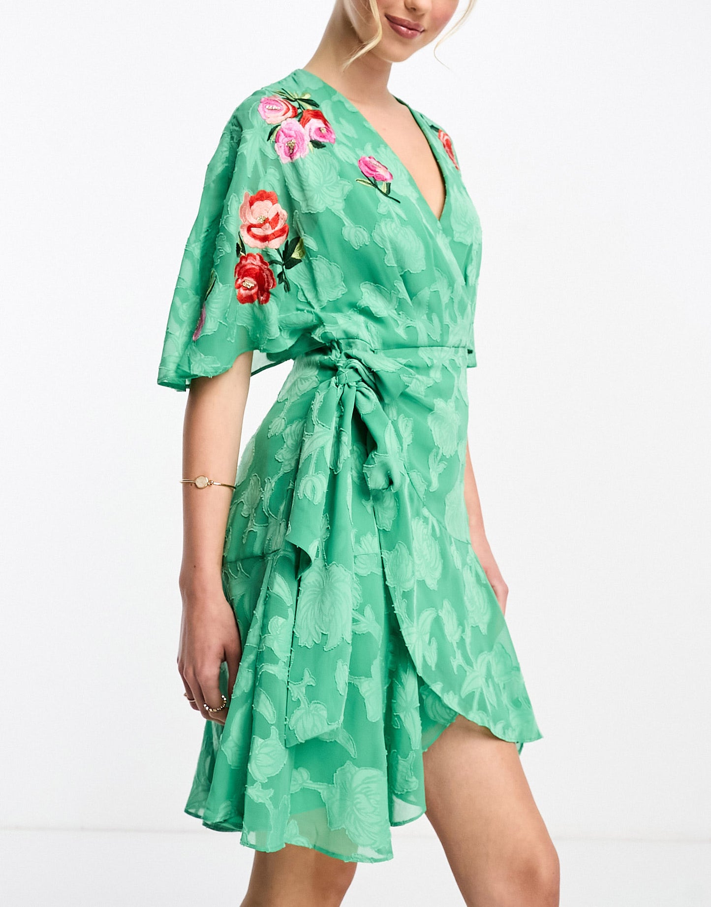 Hope & Ivy flutter sleeve embroidered sequin mini dress in green