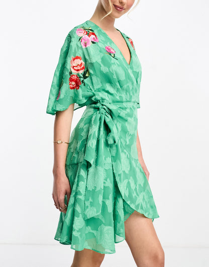 Hope & Ivy flutter sleeve embroidered sequin mini dress in green