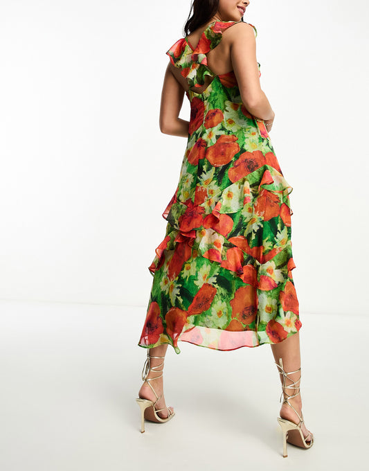 Hope & Ivy frill sleeve midaxi dress in green and red floral