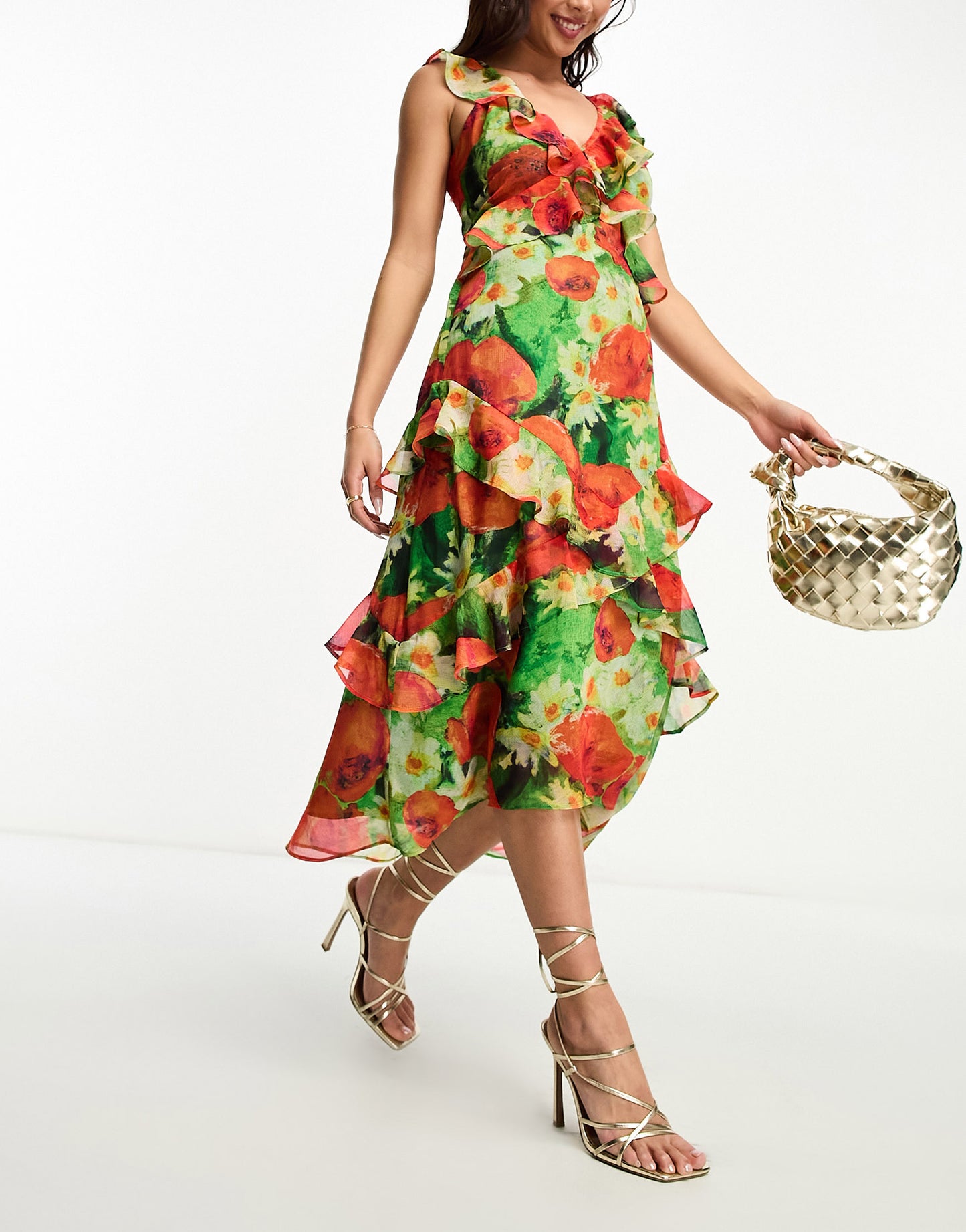 Hope & Ivy frill sleeve midaxi dress in green and red floral