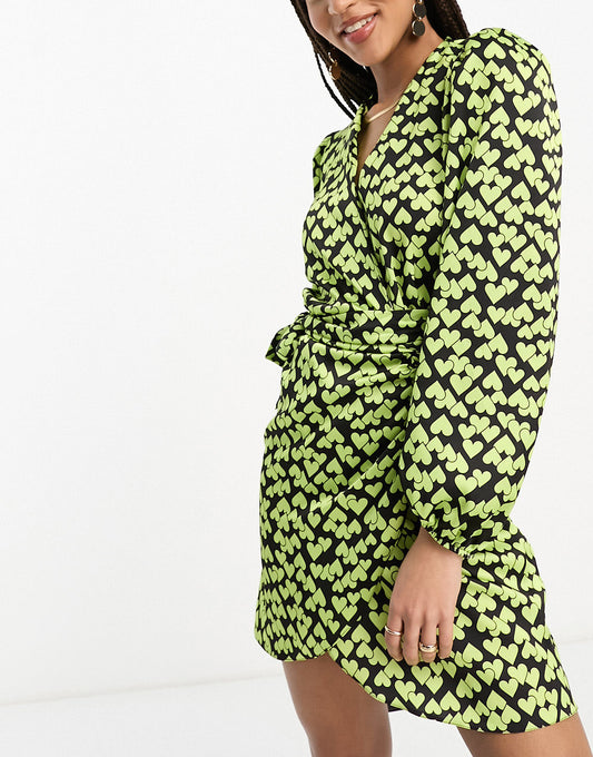 New Look heart print wrap mini dress in yellow