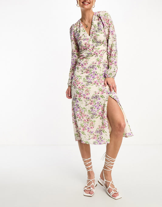 Vero Moda long sleeve midi dress in pink and purple floral