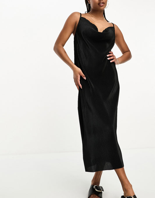 Threadbare Petite cami cowl neck plisse maxi dress in black