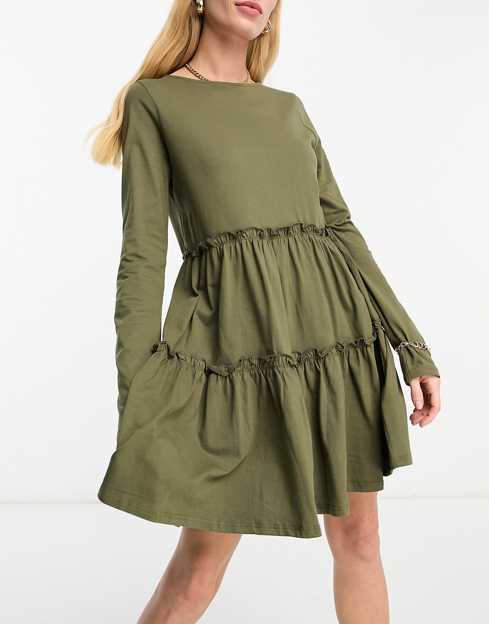 River Island long sleeved tiered smock mini dress in khaki