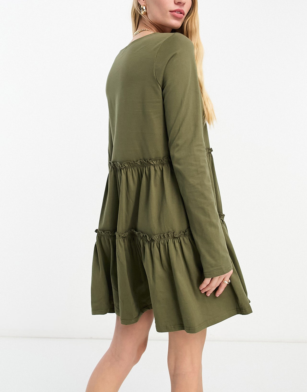 River Island long sleeved tiered smock mini dress in khaki