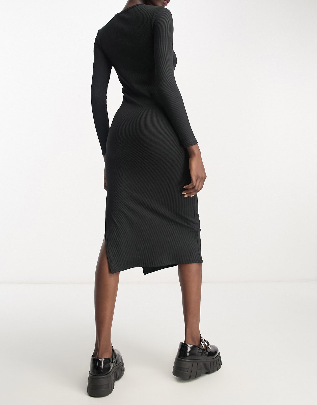 Bershka cut out neck ribbed bodycon midi dress in black