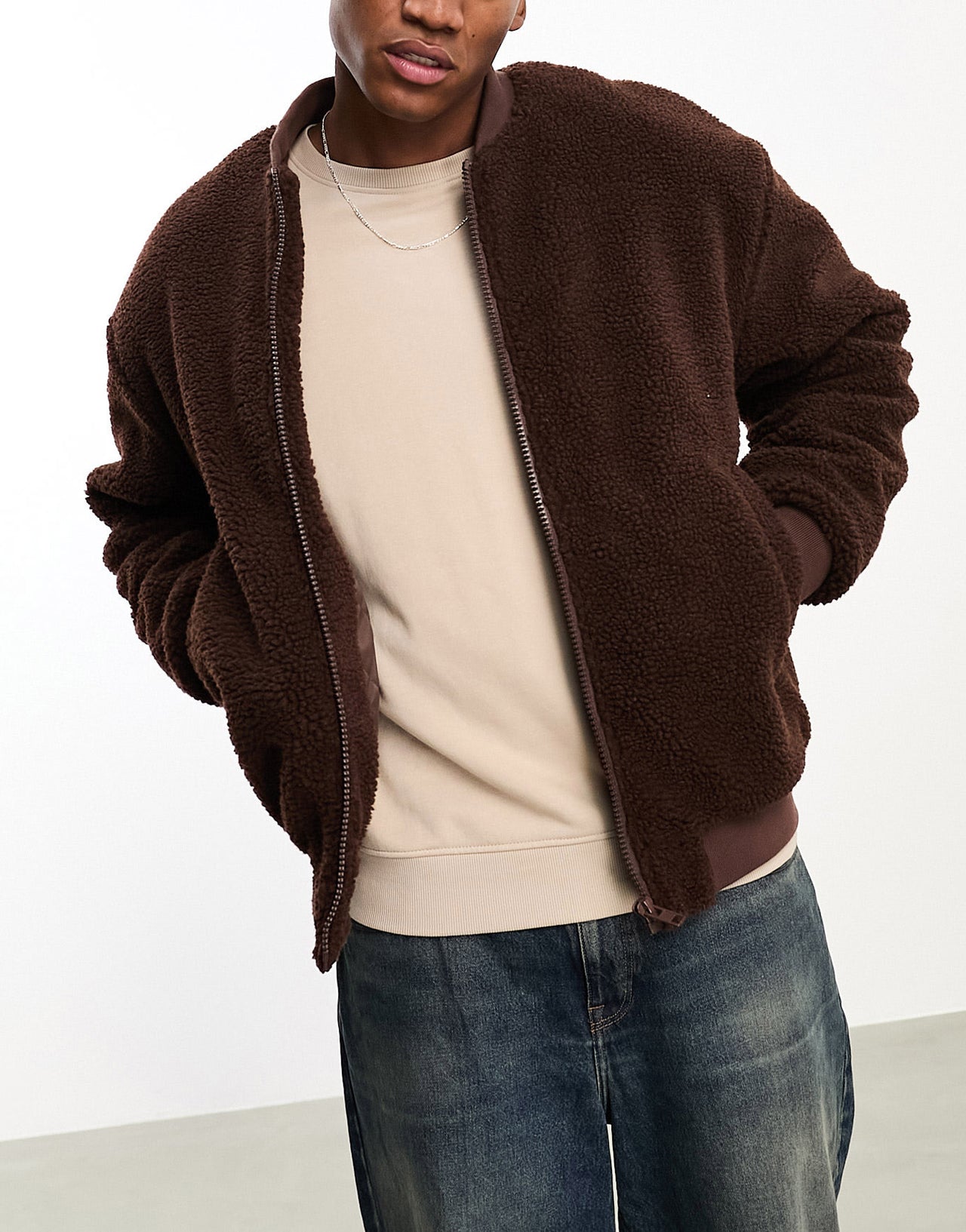 ASOS DESIGN borg bomber jacket in brown