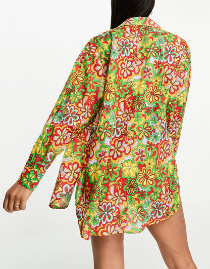 ONLY oversized beach shirt in bright 70s floral