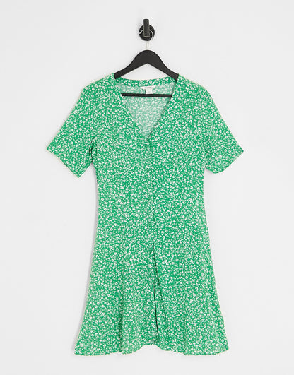 Monki button through mini dress in green meadow floral