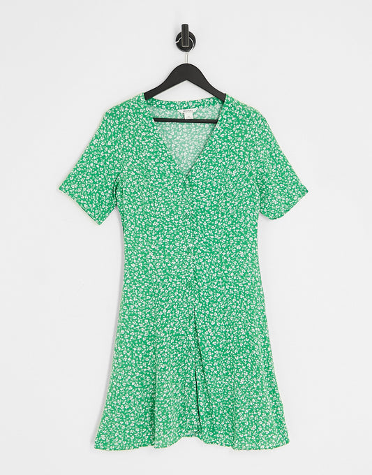 Monki button through mini dress in green meadow floral