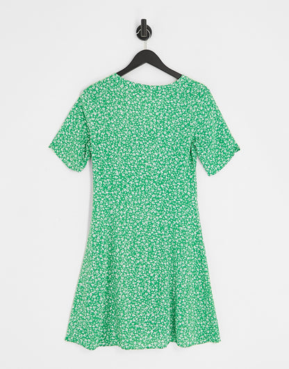 Monki button through mini dress in green meadow floral