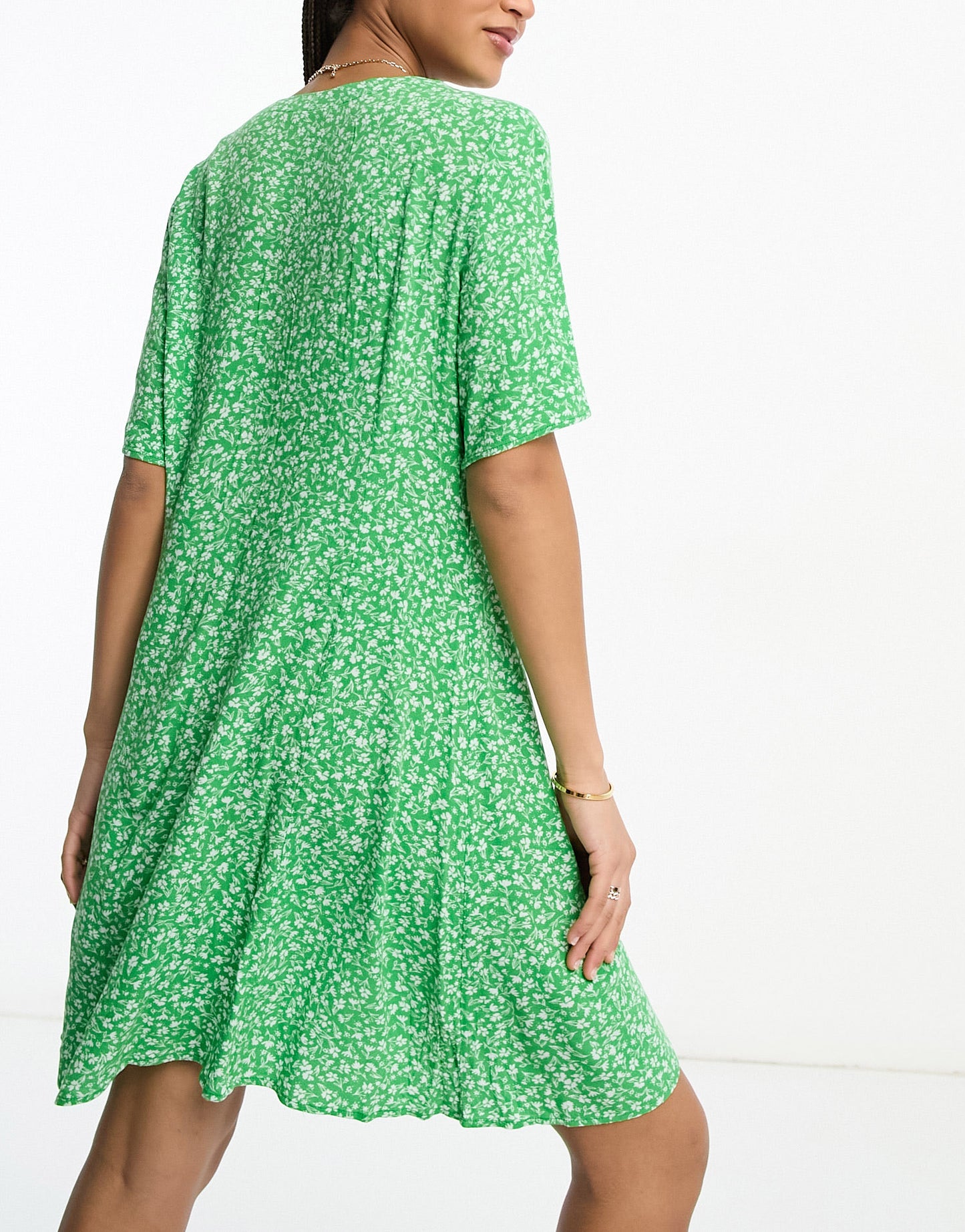 Monki button through mini dress in green meadow floral