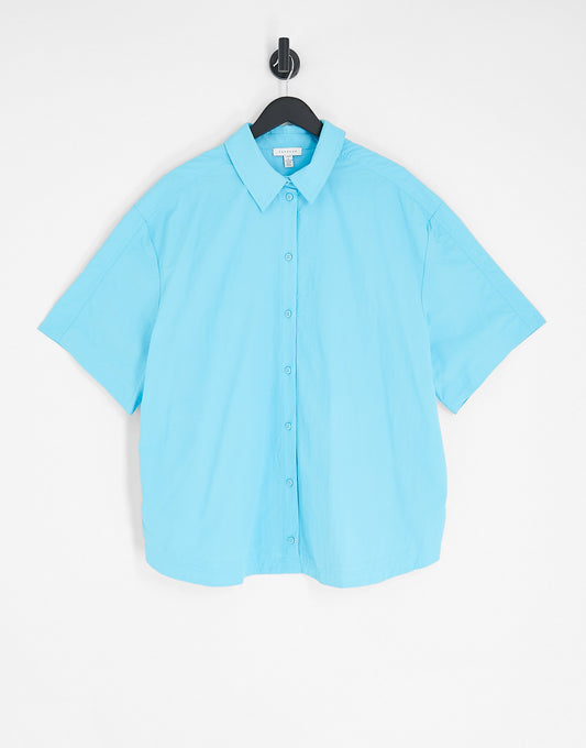 Topshop Curve co-ord nylon oversized short sleeve shirt jacket in blue