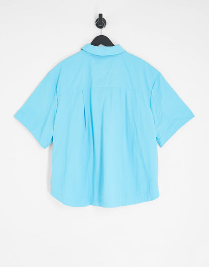 Topshop Curve co-ord nylon oversized short sleeve shirt jacket in blue