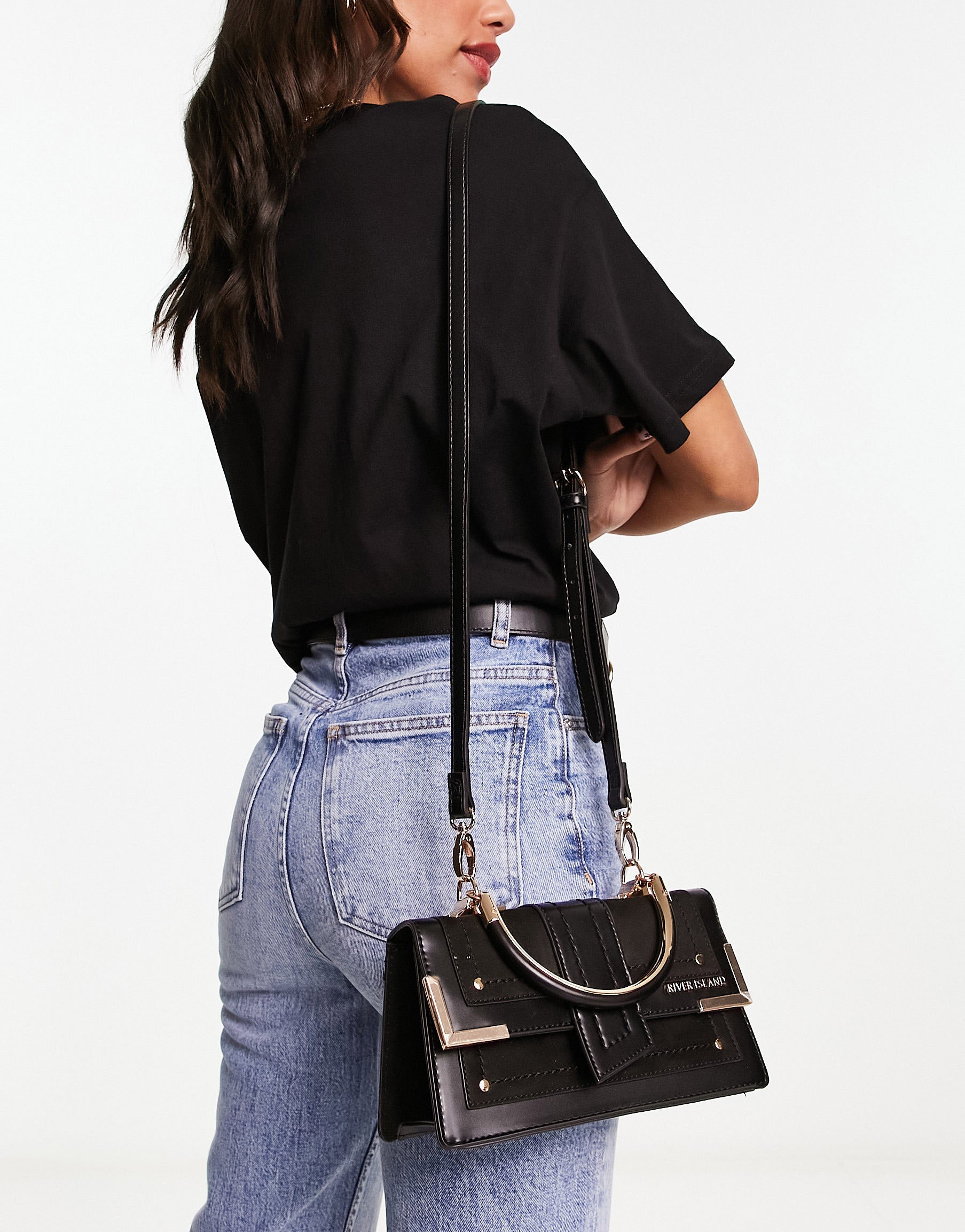 River Island curved shoulder bag with chain detail in black ASOS
