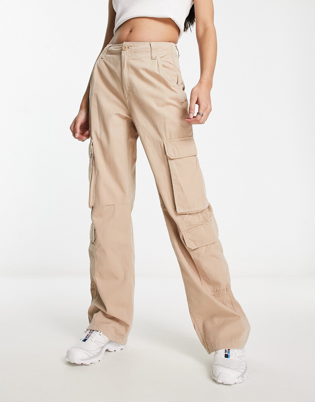 Bershka drawstring waist cargo trousers in camel