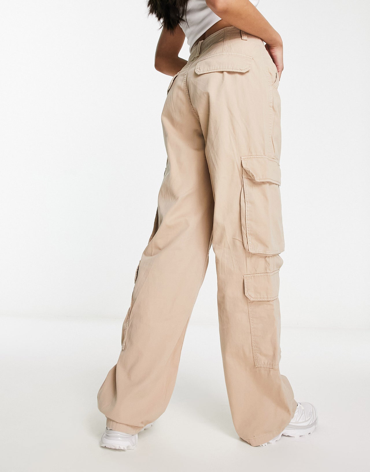 Bershka drawstring waist cargo trousers in camel