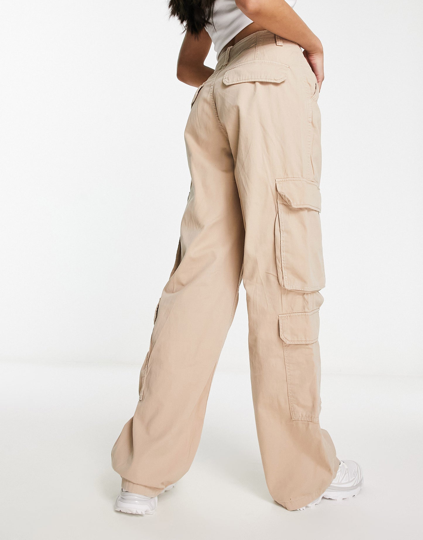 Bershka drawstring waist cargo trousers in camel