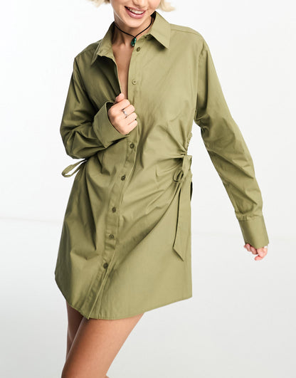 COLLUSION cut out shirt dress in khaki