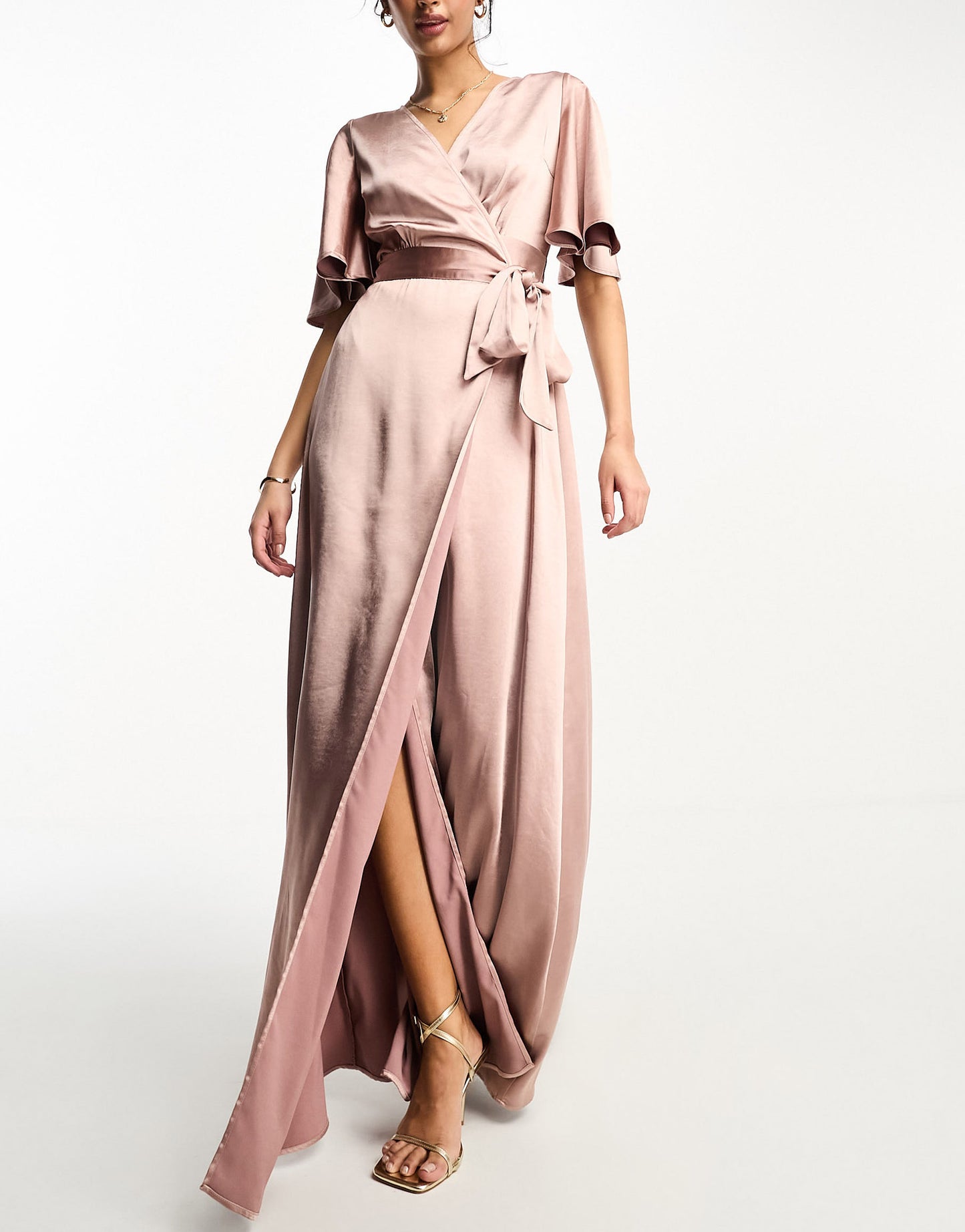 Six Stories Bridesmaids angel sleeve wrap satin maxi dress in rose