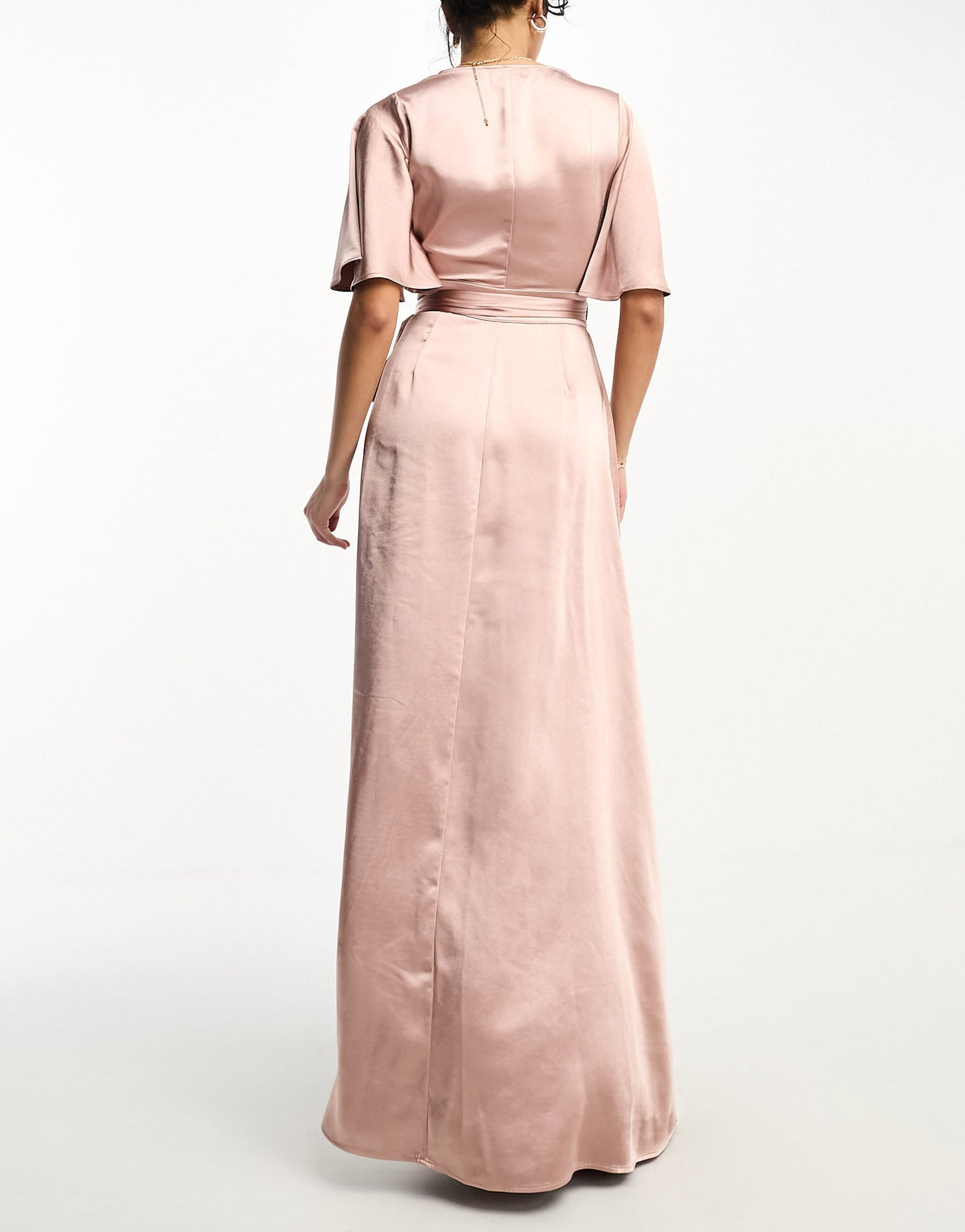 Six Stories Bridesmaids angel sleeve wrap satin maxi dress in rose