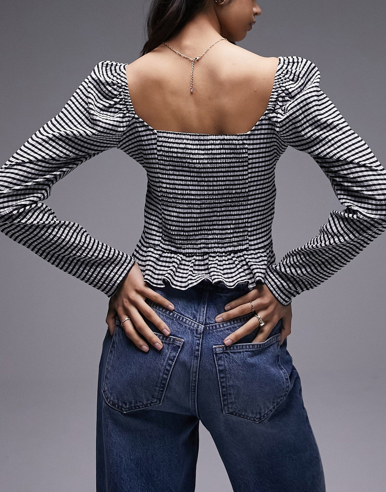 Topshop gingham shirred top in monochrome