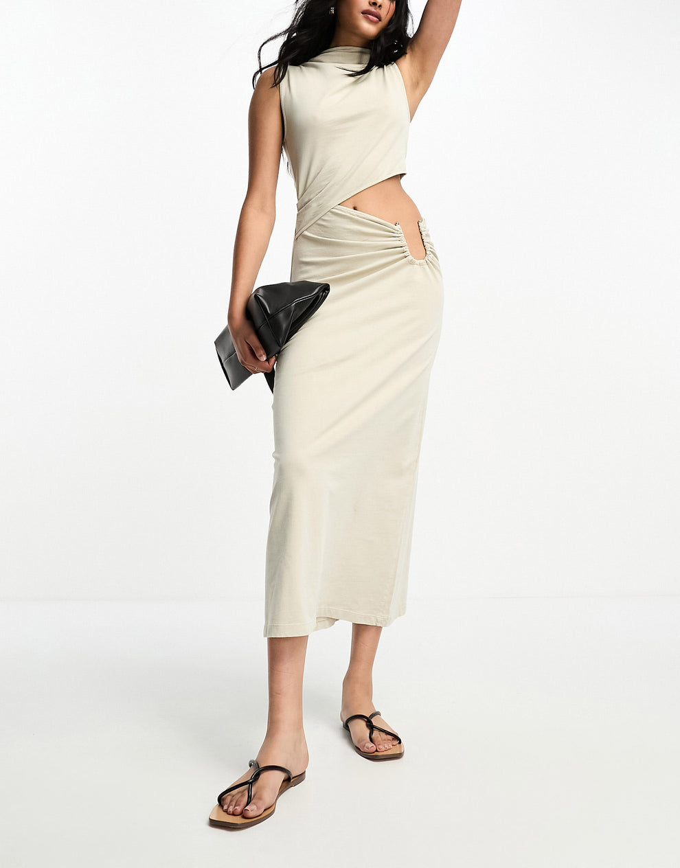 ASOS DESIGN maxi dress with side cut out and gold trim in oat ASOS