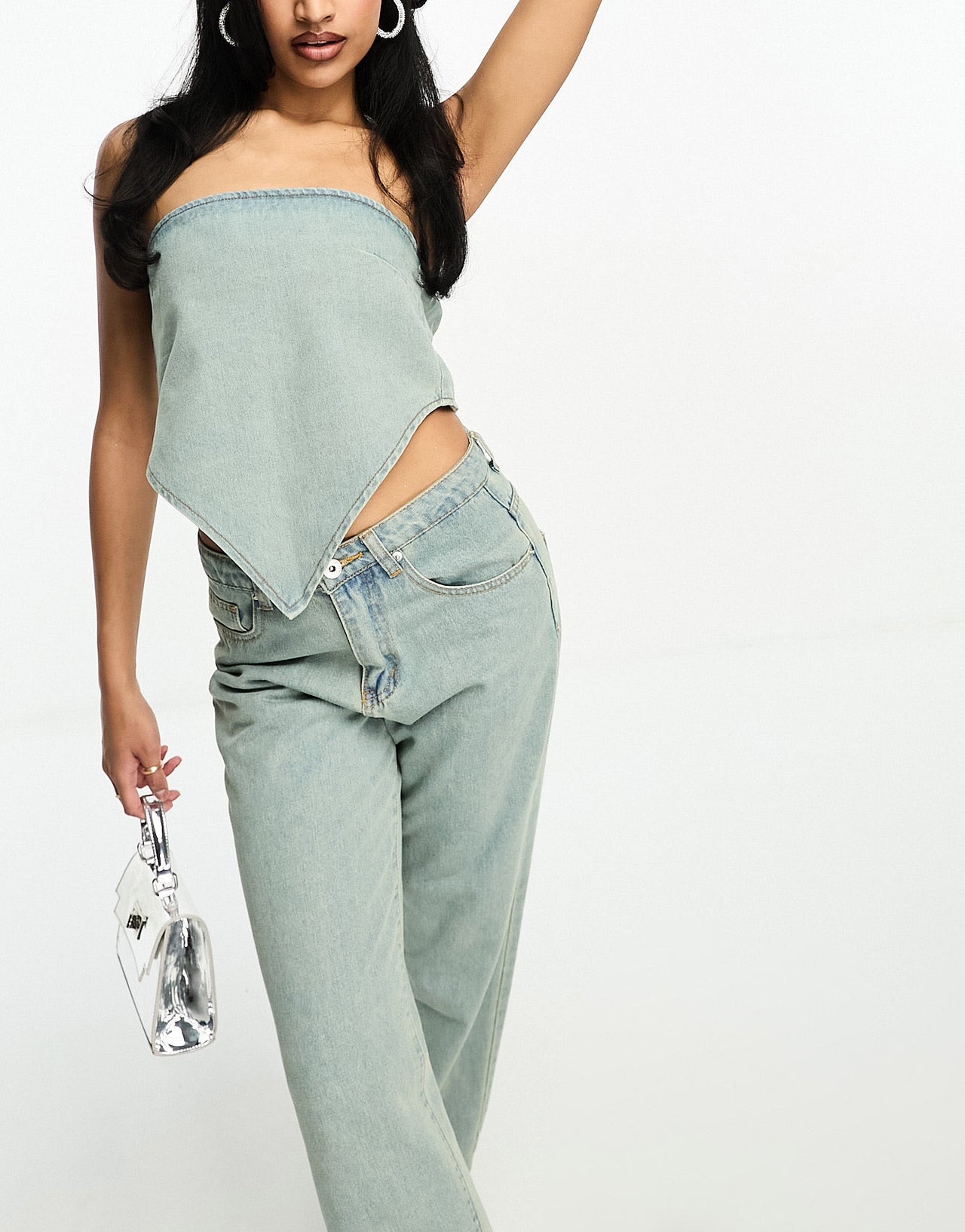 Fae denim hankerchief top co-ord in dirty bleach blue