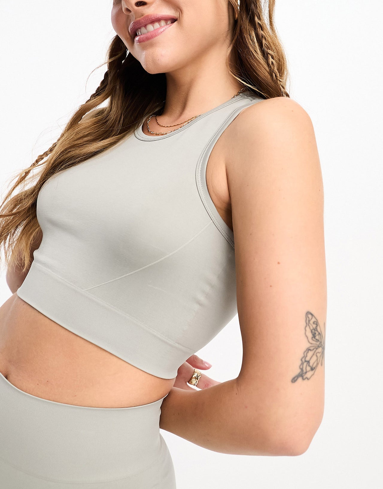 Pull&Bear seamless racer neck cropped top co-ord in grey