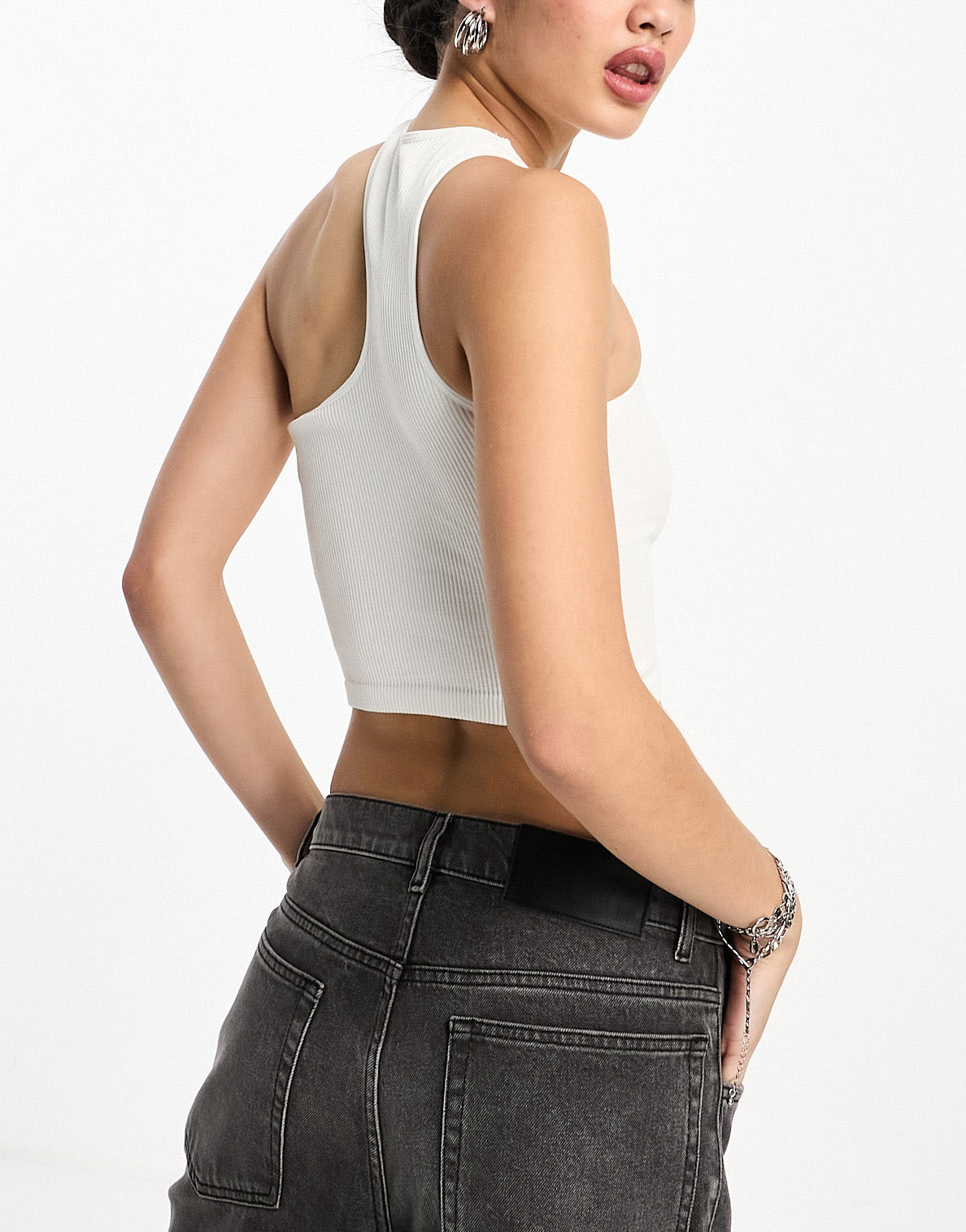 Bershka 2 pack ribbed asymmetric racerneck top in white & teal