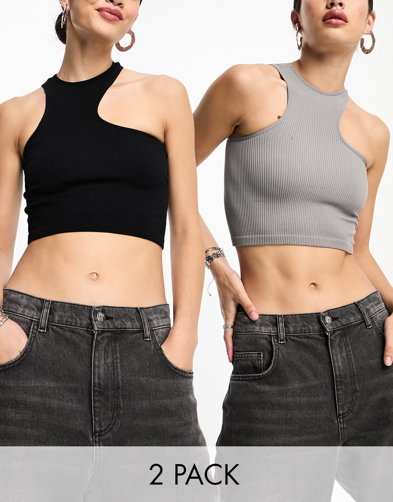 Bershka 2 pack ribbed asymmetric racerneck top in grey & black