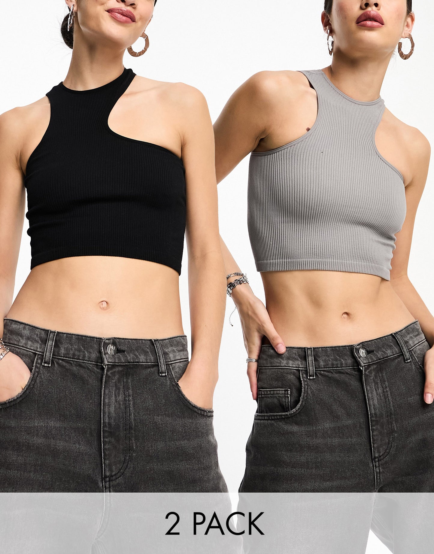 Bershka 2 pack ribbed asymmetric racerneck top in grey & black