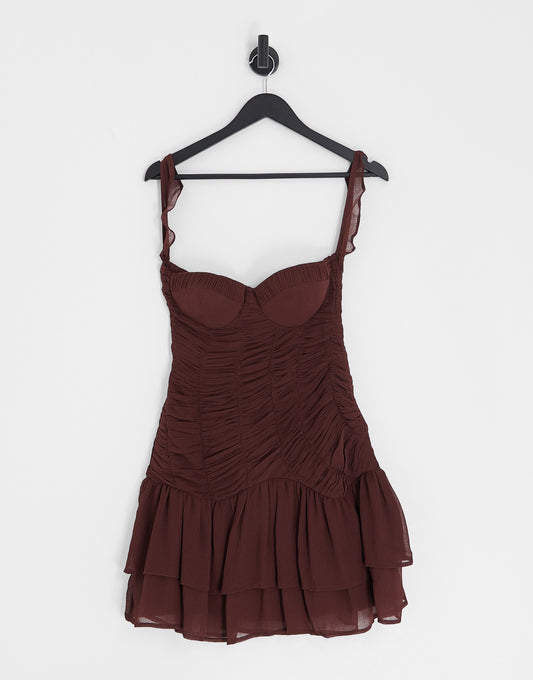 ASOS DESIGN shirred corset detail mini dress with frill hem in burgundy
