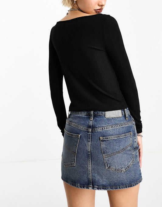 COLLUSION sheer slash neck long sleeve top in black