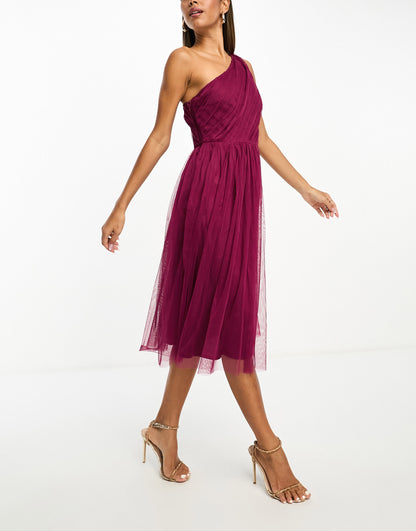 Anaya Bridesmaid tulle one shoulder midi dress in berry